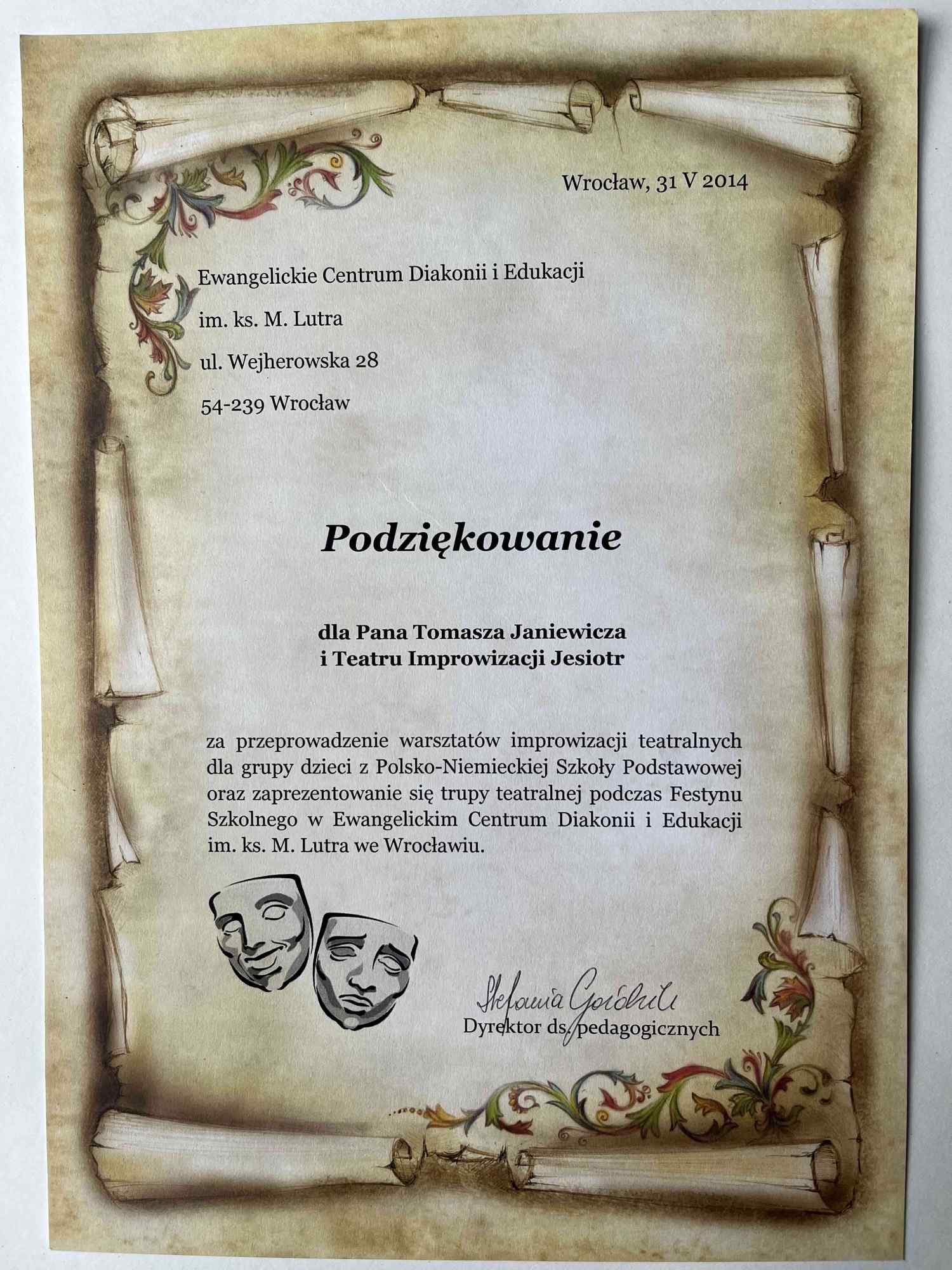 Podziękowanie za przeprowadzenie warsztatów